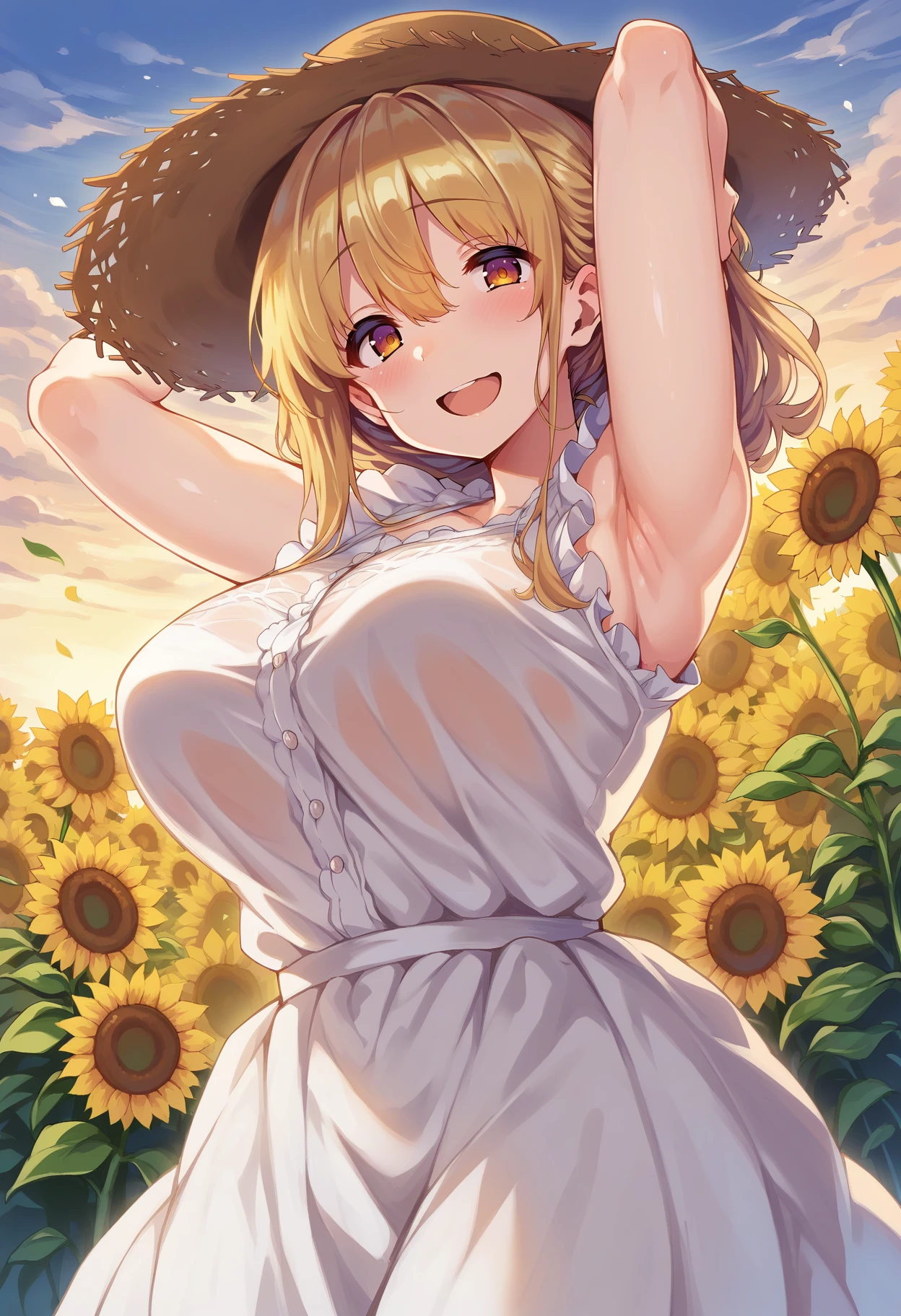 score_9, score_8_up, score_7_up, flower field, sunflower, sunflower field, sunset,
BREAK
source_anime,
BREAK
1girl, sundress, sunhat, blonde hair, large breasts, see-through silhouette, happy, hair between eyes,
arms up, armpits,
<lora:Shiokonbu-v1-PDXL:1>