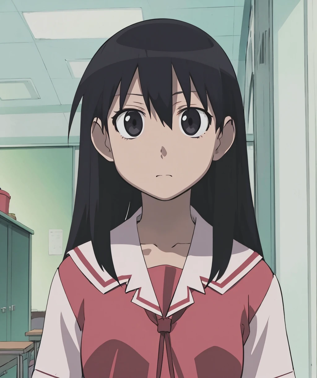 1girl,solo,long hair,black hair,school uniform,serafuku,black eyes,parody,expressionless,anime coloring,<lora:azumanga_daioh-10:1>,