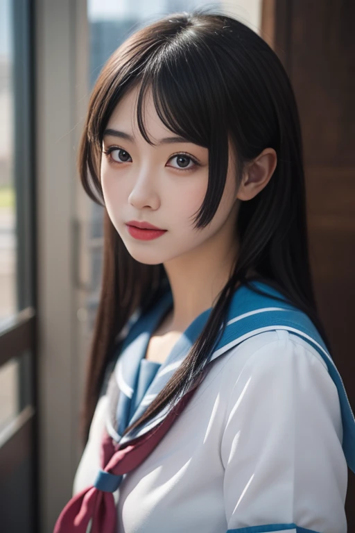 ltra-detailed,highly detailed,best quality,masterpiece,illustration,realistic,photorealistic,
1girl, solo, cosplay,
kitauji high school uniform,
looking at viewer, upper body,
<lora:kitauji high school uniform_v2_02:0.7>