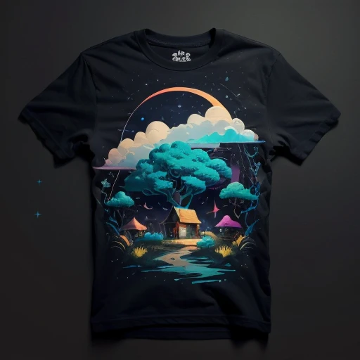 <lora:t-shirt1.5v1:1>,t-shirt,no humans,simple background,single horn,no humans,unicorn,horns,night,solo,sky,night sky,gem,tree,