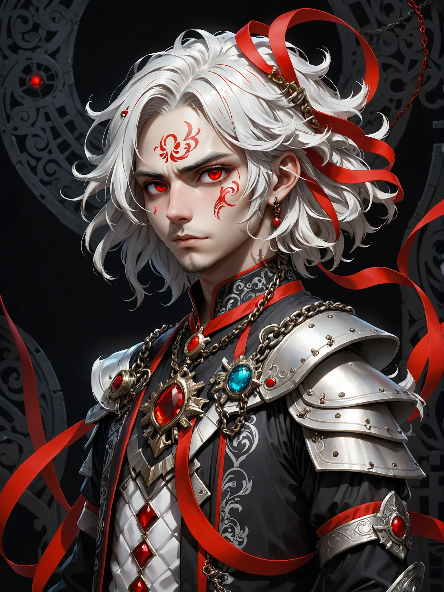 The image features a androgynous male masculine character with a prominent and detailed profile. The character has wavy white hair that flows to the side. They have red markings on their face, notably three on the forehead and one below the eye. The character is adorned with a multi-colored, intricate outfit with elements of checkered patterns and decorative gemstones. The outfit is accentuated with red ribbons and chains. The background is dark, emphasizing the character's features and outfit.
The art style is a blend of realism and fantasy. The character is depicted with detailed features, capturing the intricacies of the facial structure, hair, and accessories. However, the fantastical elements, such as the red markings and the intricate outfit, lend the artwork a fantasy-like quality. The use of shadows and highlights, along with the rich color palette, adds depth and dimension to the image.
The atmosphere of the image is mysterious and enigmatic. The dark background contrasts with the character's pale complexion and vibrant outfit, creating a sense of depth and intrigue. The character's expression is calm and composed, with a slight smirk, exuding confidence and perhaps a hint of mischief. The red markings and the overall design of the outfit might suggest a connection to a specific cultural or fantasy context, adding to the overall allure of the image.