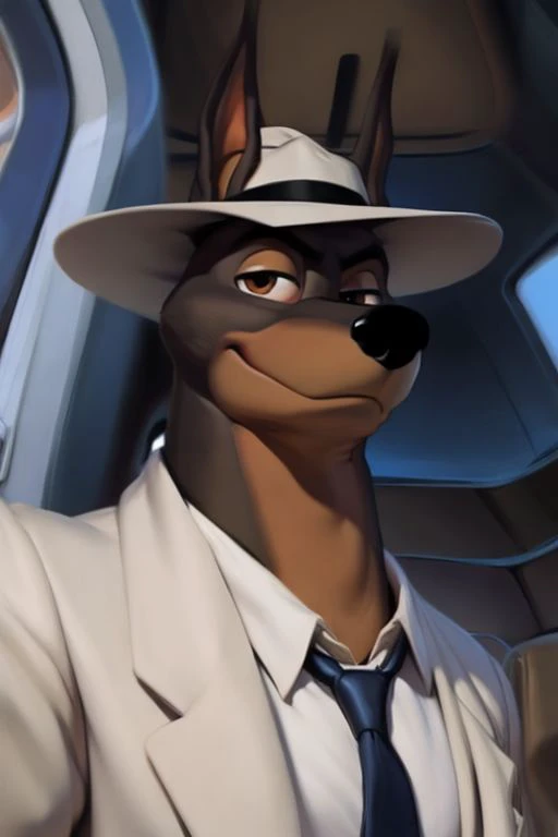 (by Meesh:1), (by darkgem:0.8), (by chunie:1), masterpiece, looking at viewer, detailed fur, (detailed pixar eyes:1.2), detailed eyes, male, anthro, <slora:add_detail:0.4>, (Martin Torque), (Doberman), (Suit), (Fedora)