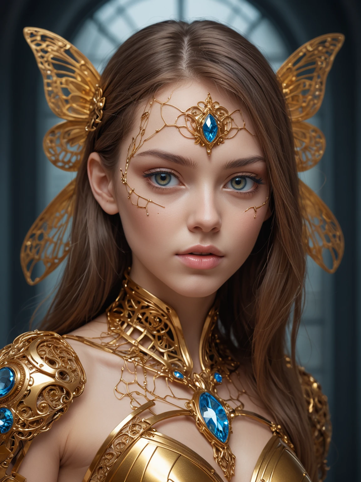 photograph of a beautiful young girl cyborg with long brown hair, the image is futuristic and inspired by science fiction, intricate, elegant, highly detailed, majestic, surreal gold filigree, broken glass, she is lit from the side finely detailed beautiful eyes in HDR with crystal eyes with makeup, enchanting butterfly filigree chest armor and robotic joints, long hair moved by the wind showcase the fine detail of the 8K photo, window facing to another world, enigmatic nature inviting viewers to explore the depths of her soul, award winning