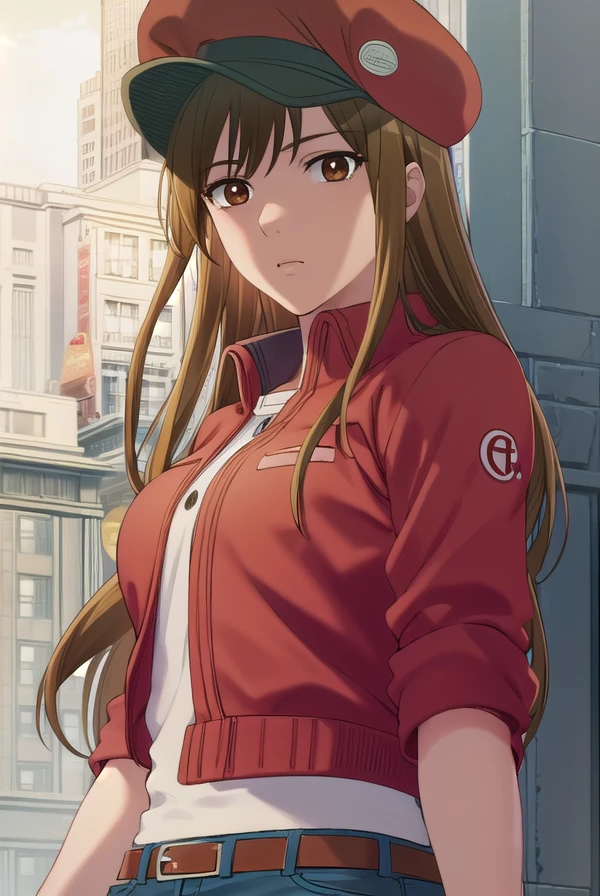 redbloodcellaa5100, <lora:red blood cell aa5100 s1-lora-nochekaiser:1>,
red blood cell aa5100, long hair, brown hair, (brown eyes:1.5),
BREAK shirt, gloves, hat, jacket, belt, pants, white gloves, black shirt, denim, red headwear, red jacket, jeans, cabbie hat,
BREAK outdoors,
BREAK looking at viewer, (cowboy shot:1.5),
BREAK <lyco:GoodHands-beta2:1>, (masterpiece:1.2), best quality, high resolution, unity 8k wallpaper, (illustration:0.8), (beautiful detailed eyes:1.6), extremely detailed face, perfect lighting, extremely detailed CG, (perfect hands, perfect anatomy),