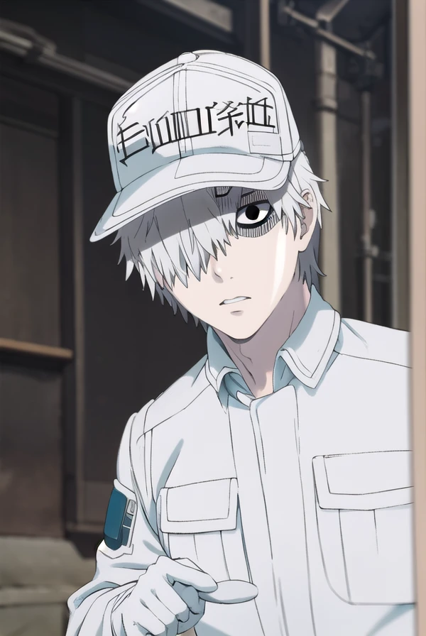 whitebloodcellu-1146, <lora:white blood cell s1-lora-nochekaiser:1>,
white blood cell, long sleeves, white hair, male focus, (hair over one eye:1.5), colored skin, white skin, (black eyes:1.5),
BREAK gloves, long sleeves, hat, jacket, belt, pants, uniform, baseball cap, white pants, white uniform,
BREAK outdoors,
BREAK looking at viewer, (cowboy shot:1.5),
BREAK <lyco:GoodHands-beta2:1>, (masterpiece:1.2), best quality, high resolution, unity 8k wallpaper, (illustration:0.8), (beautiful detailed eyes:1.6), extremely detailed face, perfect lighting, extremely detailed CG, (perfect hands, perfect anatomy),