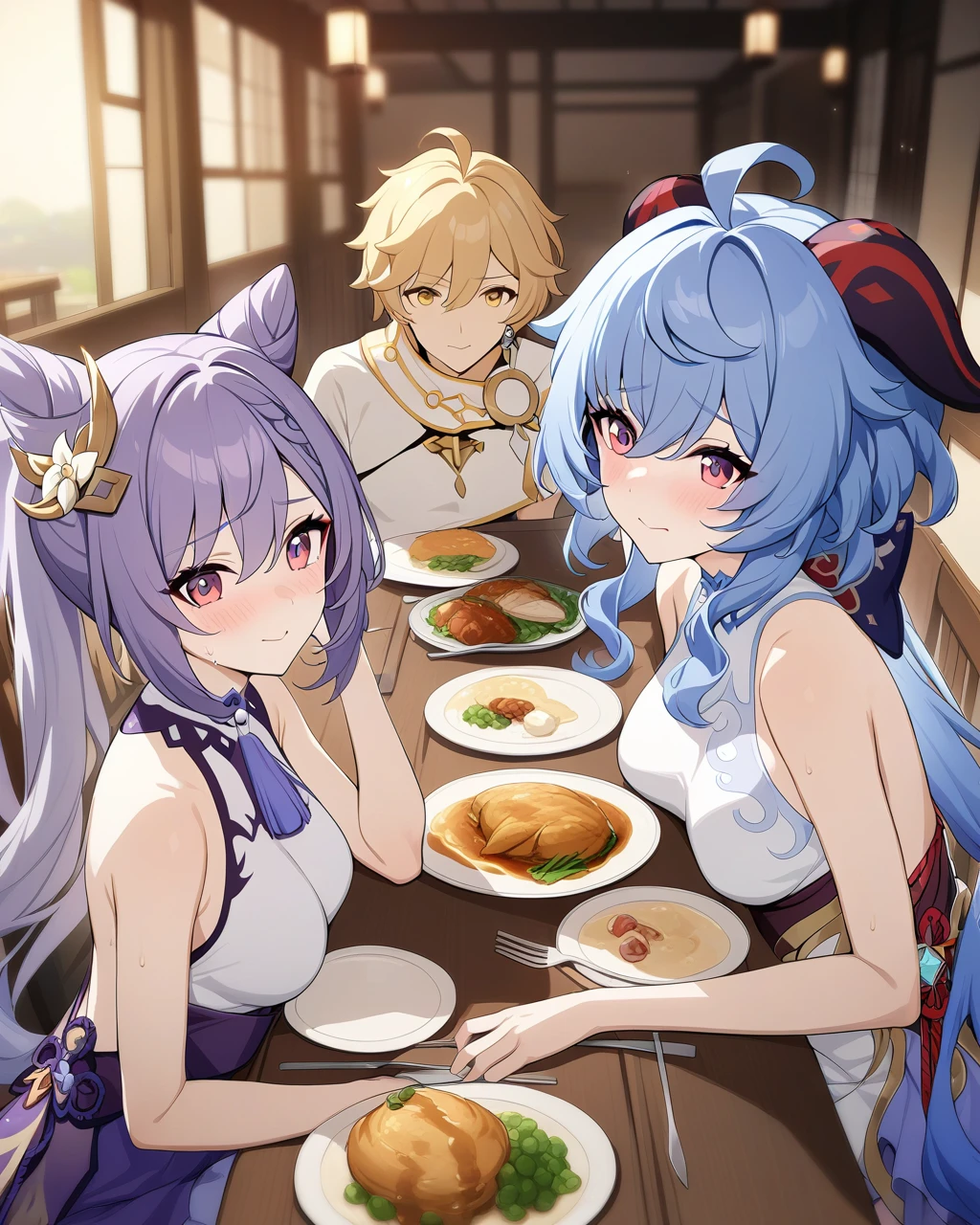 game cg,2girl and 1boy,ganyu,keqing,aether,have dinner,masterpiece,best quality,