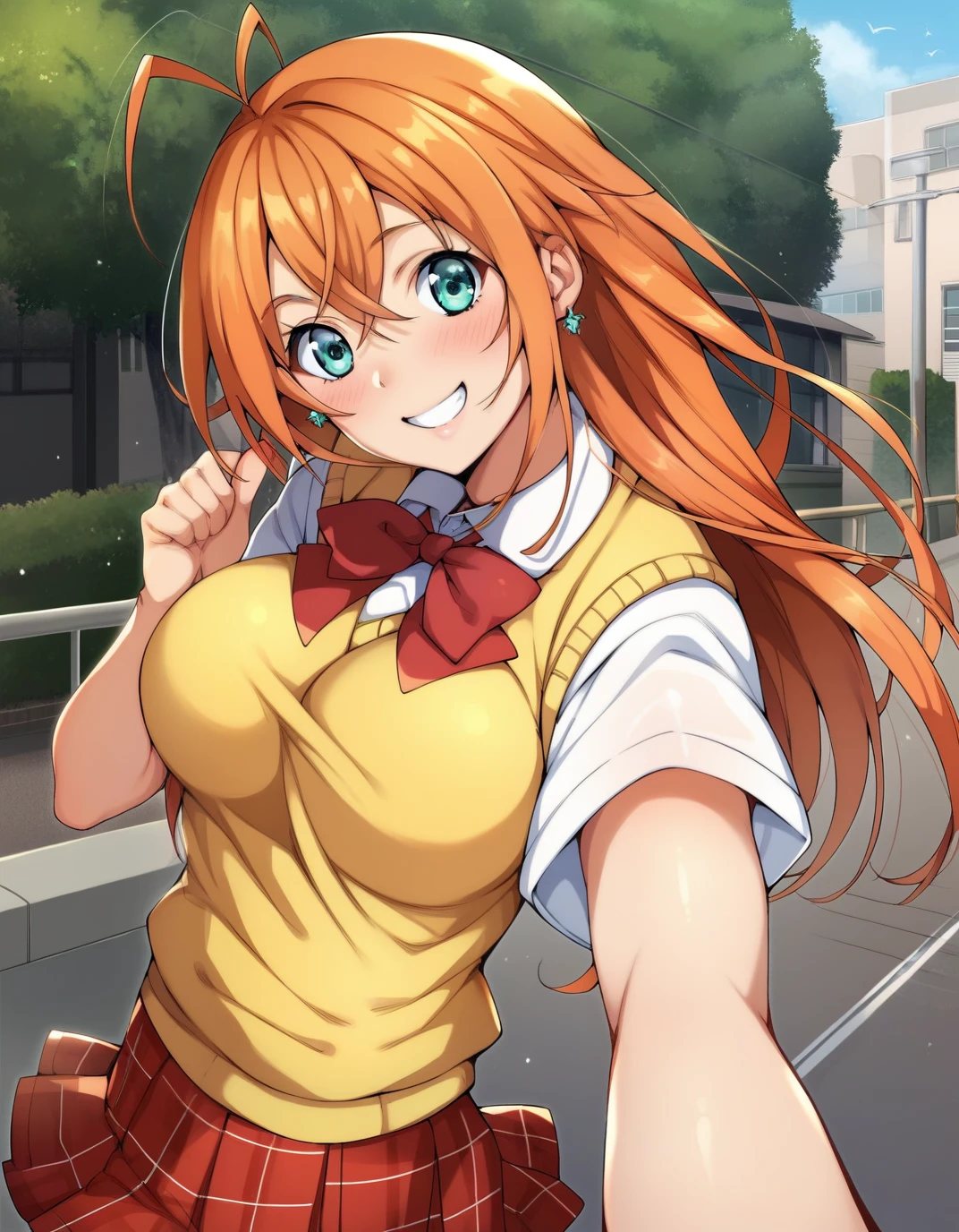 score_4, score_5, score_6, score_9, score_8_up, score_7_up, source_anime, solo, hakufusdxl, long hair, antenna hair, ahoge, orange hair, aqua eyes,large breasts, magatama earrings, , red skirt, pleated skirt, plaid skirt large breasts, sweater vest, yellow vest, white shirt, collared shirt, short sleeves, wide hips, thick hips, standing, cowboy shot, looking at viewer,, nature, outdoors, skirt lift, panties, cameltoe, anime screencap
