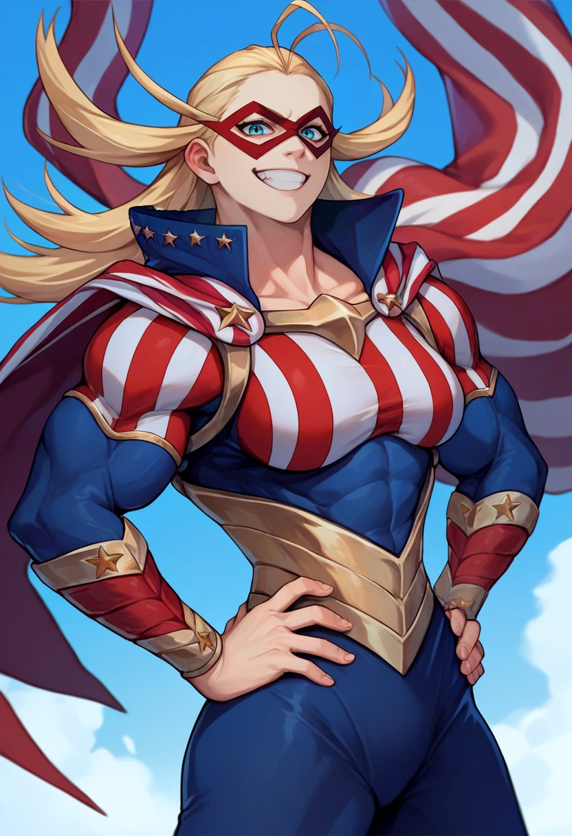 score_9, score_8_up, score_7_up, source_anime, solo, 1girl, starandstripe, grin, looking at viewer, hands on hips, muscular, antenna hair, domino mask, american flag print, striped bodysuit, red cape, blue sky <lora:mha_starandstripe_ponyXL:1>