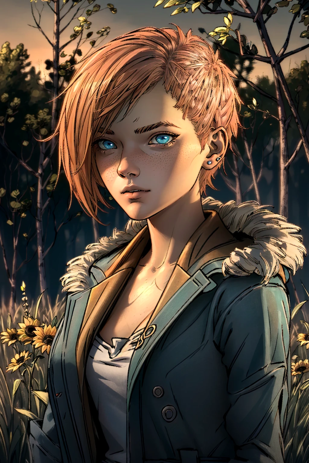(realistic:1.2), (realism), (masterpiece:1.2), (best quality), (ultra detailed), (8k, 4k, intricate), (85mm),light particles, lighting, (highly detailed:1.2), <lora:MinervaTWDv1.1:0.8> minervatwd, orange hair, 1girl, jacket, blue eyes, jewelry, fur trim, red hair, freckles, shirt, (detailed face:1.2), (gradients), colorful,(detailed eyes:1.2), sunflower field, (detailed background),detailed landscape, standing,upper body, looking at viewer