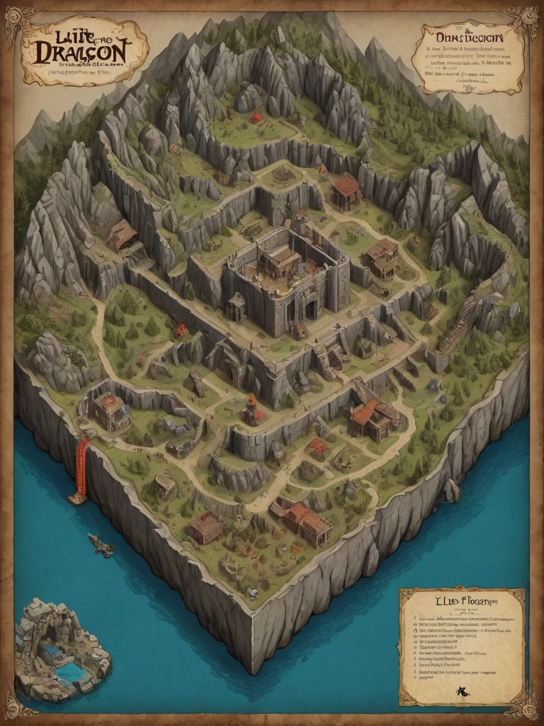 a dungeon map for an adventure titled "Lair of the Dragon", d&d, fantasy, isometric battle map, csu, traditional media, diagram