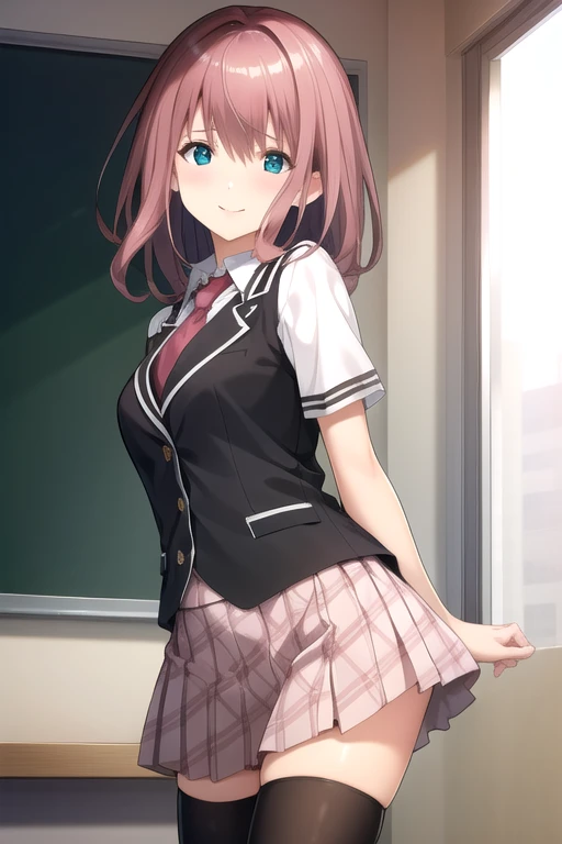 ((masterpiece)),(best quality),official art,extremely detailed CG,unity 8k wallpaper,ultra detailed,beautiful detailed eyes,extremely detailed face,classroom,1girl,solo,cowboy shot,looking at viewer,facing viewer,smile,Miyamura Miku,long hair,brown hair,straight hair,hair intakes,hair between eyes,blue eyes,black vest,wing collar,red necktie,dress shirt,white shirt,collared shirt,short sleeves,medium breasts,pink skirt,pleated skirt,plaid skirt,zettai ryouiki,black thighhighs,loafers,<lora:Miyamura Miku(umed):0.9>,