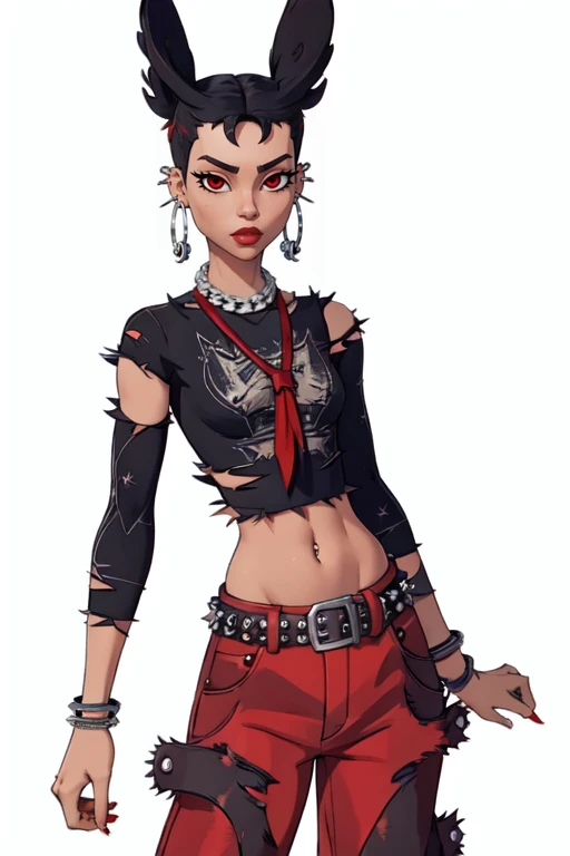 masterpiece,best quality,face detail,extreme detail,8k,white background,<lora:camille:0.6>,camillefn,1girl,solo,looking at viewer,simple background,shirt,black hair,red eyes,animal ears,jewelry,earrings,midriff,belt,pants,necklace,bracelet,torn clothes,black shirt,piercing,ear piercing,spikes,spiked bracelet,red pants,wide hips,cowboy_shot,