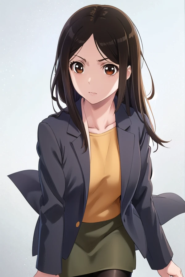 mastcell, <lora:mast cell s1-lora-nochekaiser:1>,
mast cell, long hair, black hair, (brown eyes:1.5),
BREAK skirt, shirt, pantyhose, black pantyhose, pencil skirt, yellow shirt, labcoat,
BREAK outdoors,
BREAK looking at viewer, (cowboy shot:1.5),
BREAK <lyco:GoodHands-beta2:1>, (masterpiece:1.2), best quality, high resolution, unity 8k wallpaper, (illustration:0.8), (beautiful detailed eyes:1.6), extremely detailed face, perfect lighting, extremely detailed CG, (perfect hands, perfect anatomy),