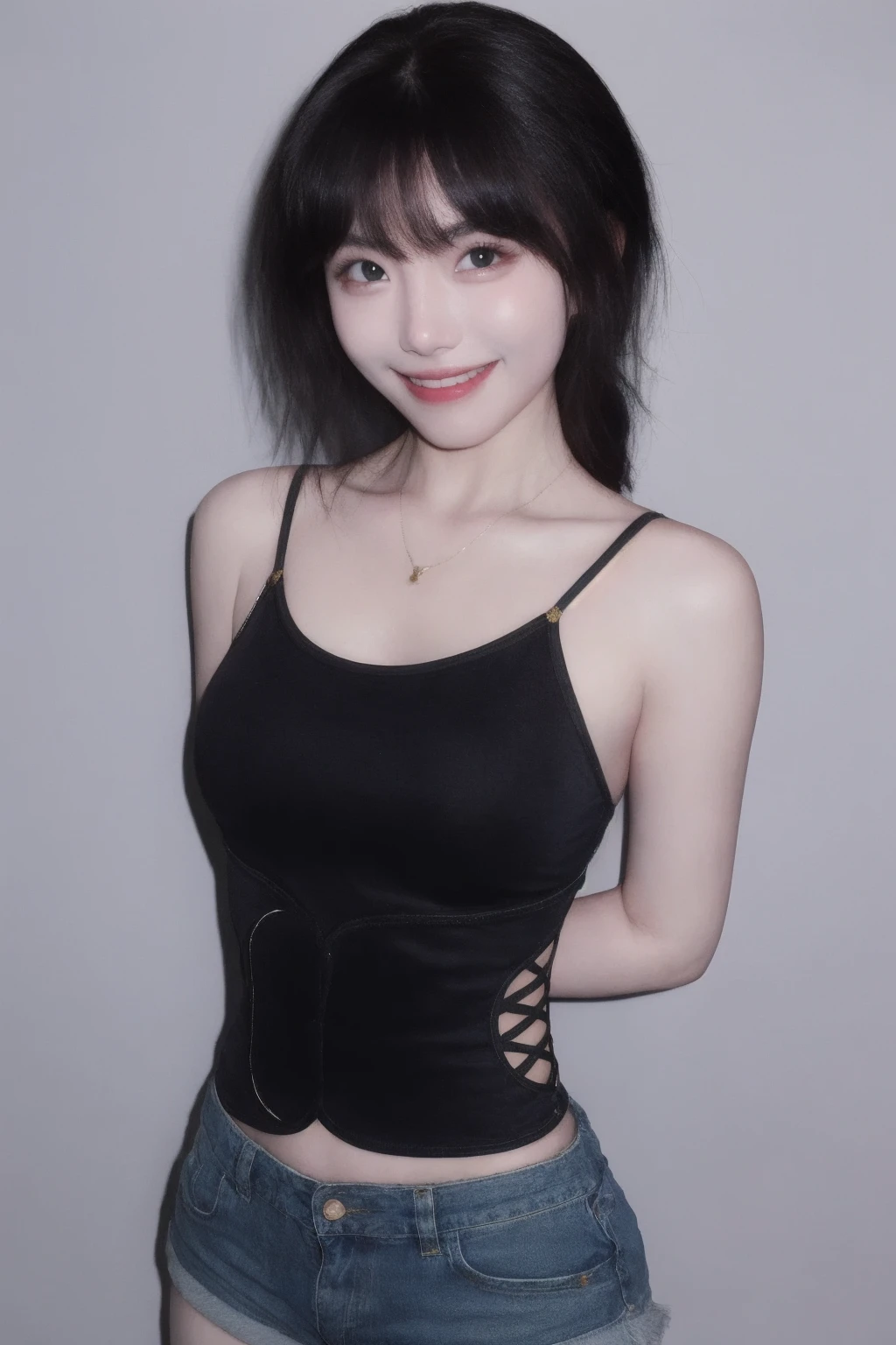 masterpiece, high quality,1girl, upper body, bodysuit , denim shorts,  smile, waist, arms behind back, 
 <lora:ptgj_v1-000007:0.67>