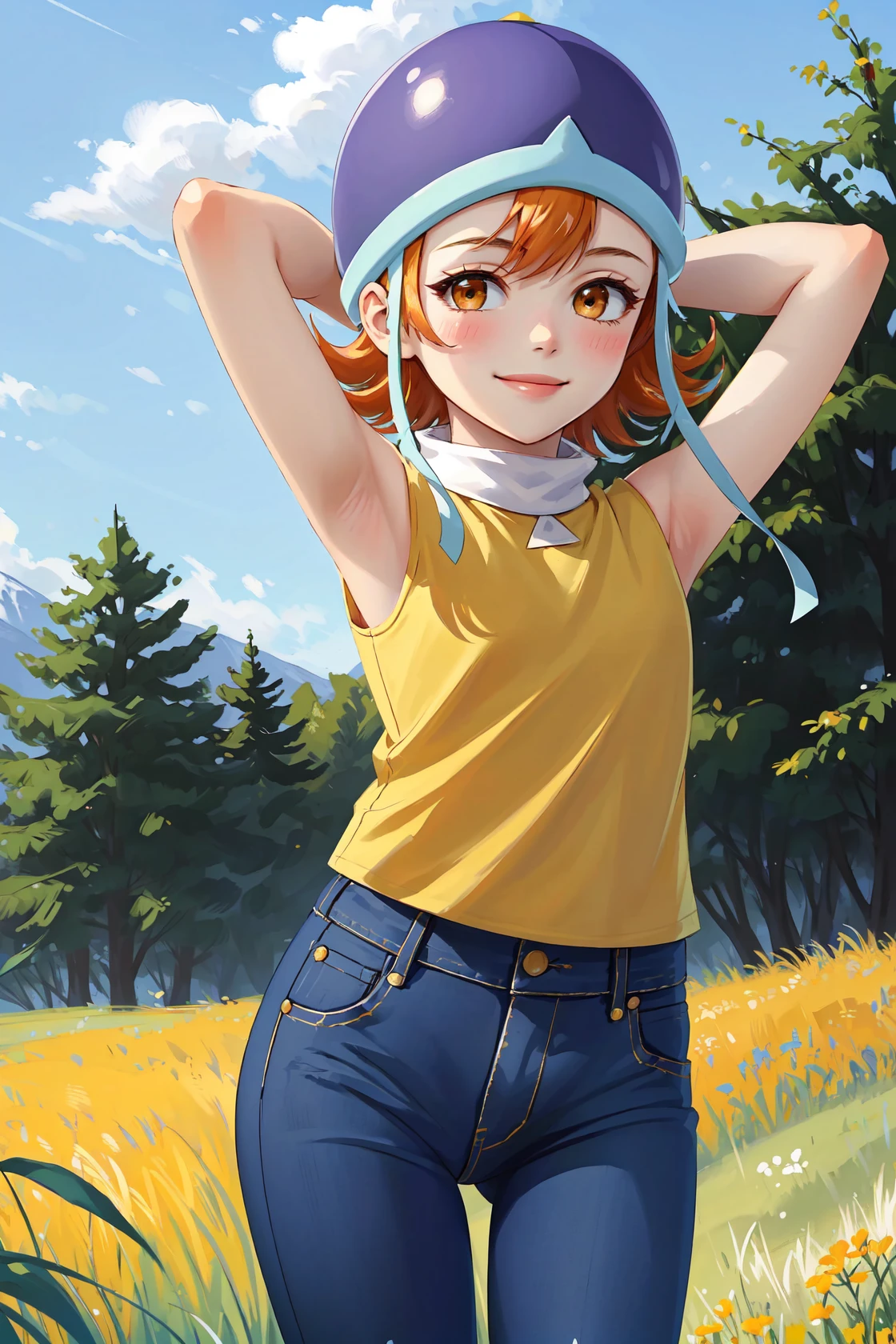 masterpiece, best quality, highres,
SoraDef, 1girl, solo, blush, smile, short hair, orange hair, helmet, orange eyes, digimon,
yellow shirt, shirt, sleeveless, pants, jeans,
cowboy shot, arms behind head, arms_up, looking at viewer, outdoors, grass, field, forest, sunlight, sky, blue sky, <lora:Sora:1>