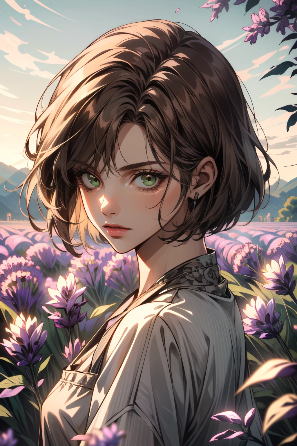((ultra detailed, masterpiece, absurdres))
<lora:SH4Eileen:0.8>
SH4Eileen, brown hair, green eyes, bob cut, lavender field, midday, bright and vibrant with a sea of purple blooms