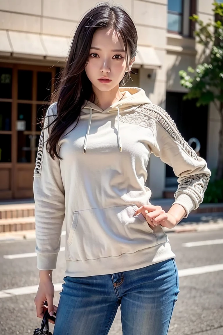 wjsnbona, urban, streets, RAW,(8k, best quality, masterpiece:1.2),(intricate details:1.4),(photorealistic:1.4),octane render, ultra detailed, realistic skin texture, detailed face, beautiful detailed eyes, makeup, (detailed background:1.2), (cowboy shot:1.2),(hip),(perfect anatomy:1.2),(white hoodie, jeans), <lora:wjsnbona-v1:1>