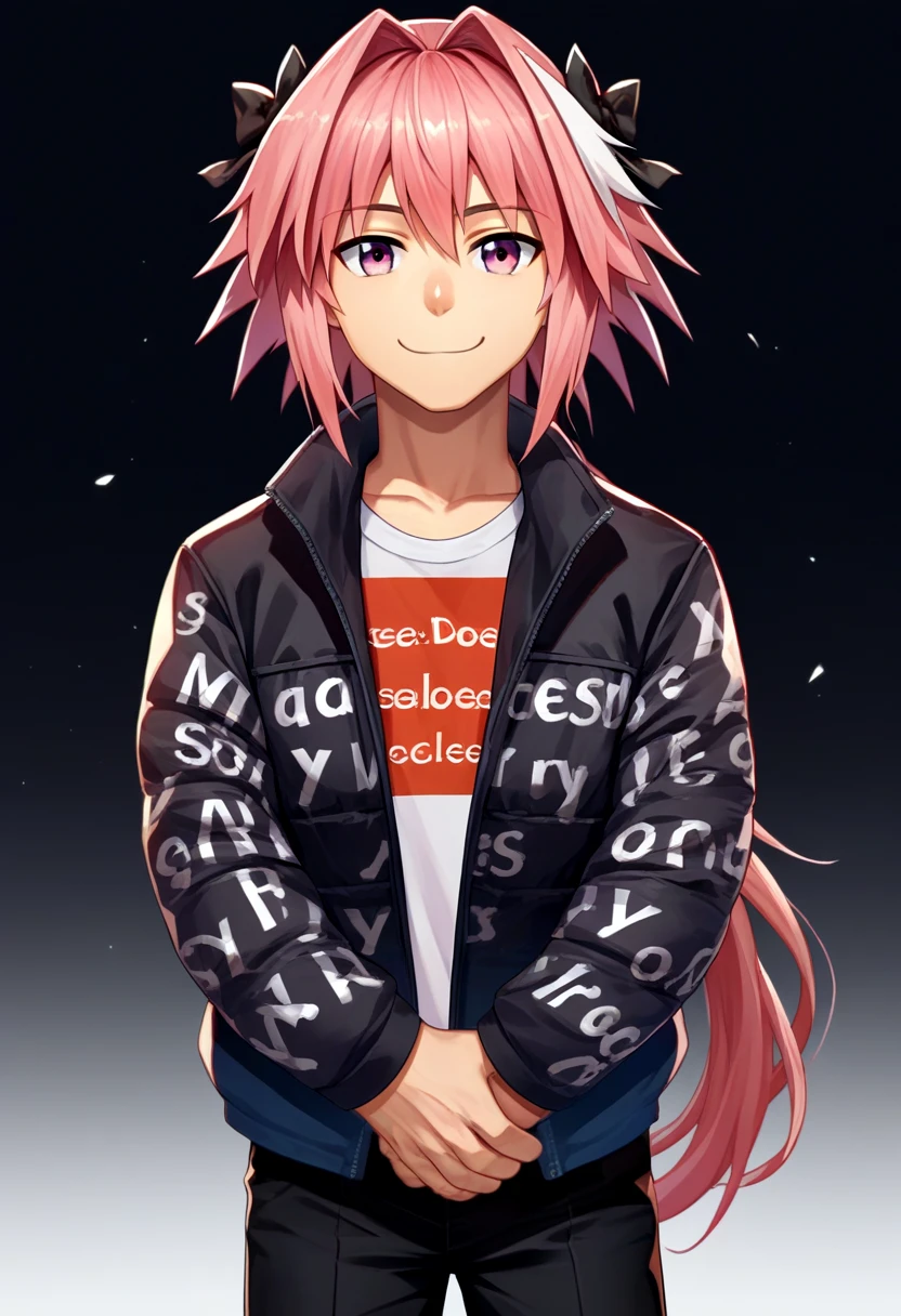 score_9, score_8_up, score_7_up, source_anime, solo, male focus, 1boy, astolfo \(fate\), fate \(series\), otoko no ko, smile, looking at viewer, own hands together, dripjacket, black pants <lora:attire_dripjacket_ponyXL:1>