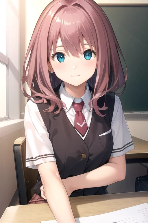 ((masterpiece)),(best quality),official art,extremely detailed CG,unity 8k wallpaper,ultra detailed,beautiful detailed eyes,extremely detailed face,classroom,1girl,solo,upper body,(portrait:1.5),looking at viewer,facing viewer,smile,Miyamura Miku,long hair,brown hair,straight hair,hair intakes,hair between eyes,blue eyes,black vest,wing collar,red necktie,dress shirt,white shirt,collared shirt,short sleeves,medium breasts,pink skirt,pleated skirt,plaid skirt,zettai ryouiki,black thighhighs,loafers,<lora:Miyamura Miku(umed):0.9>,