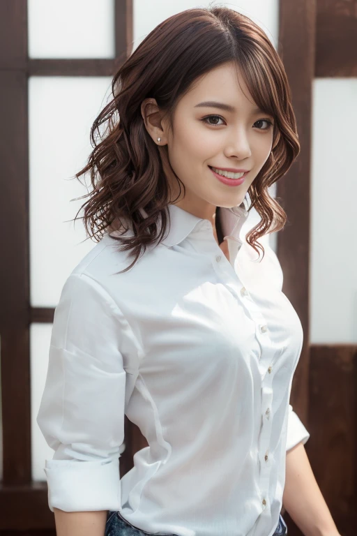 1girl, (white casual shirt:1.6),(RAW photo, best quality:1.4), (realistic, photo-realistic:1.4), masterpiece, an extremely delicate and beautiful, extremely detailed, 2k wallpaper, Amazing, finely detail, extremely detailed CG unity 8k wallpaper, ultra-detailed, highres, soft light, beautiful detailed girl, extremely detailed eyes and face, beautiful detailed nose, beautiful detailed eyes,cinematic lighting,(blurry,bokeh backgound:1.6),(dontown:2.0),perfect anatomy,(slender body:1.0),(close up face:1.2),(smile gently,Friendly, warm:2.0),(looking at viewer:1.8),(young japanese idol:1.8),(wavy brown hair:1.8), (brown eyes:1.8),(standing:1.6),  (cleavage:0.4), <lora:matsudarisae_lora-01:0.8>