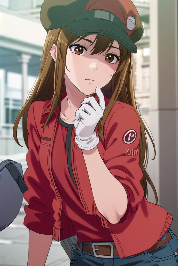 redbloodcellaa5100, <lora:red blood cell aa5100 s1-lora-nochekaiser:1>,
red blood cell aa5100, long hair, brown hair, (brown eyes:1.5),
BREAK shirt, gloves, hat, jacket, belt, pants, white gloves, black shirt, denim, red headwear, red jacket, jeans, cabbie hat,
BREAK outdoors,
BREAK looking at viewer, (cowboy shot:1.5),
BREAK <lyco:GoodHands-beta2:1>, (masterpiece:1.2), best quality, high resolution, unity 8k wallpaper, (illustration:0.8), (beautiful detailed eyes:1.6), extremely detailed face, perfect lighting, extremely detailed CG, (perfect hands, perfect anatomy),