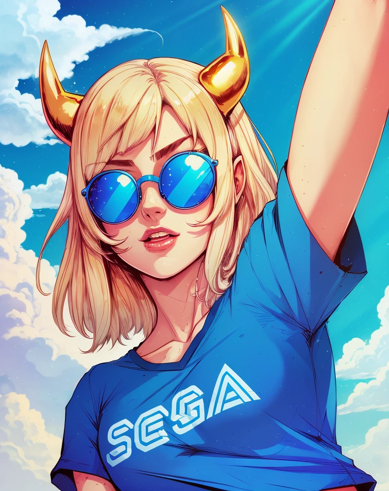 by Bruno Ferreira, a woman with glasses and a blue shirt with the word SEGA on it, holding her arm up in the air with her right hand, blonde hair, small devil horns on her head, blue background, blue sky <lora:pop_art_dataset-11:.6>