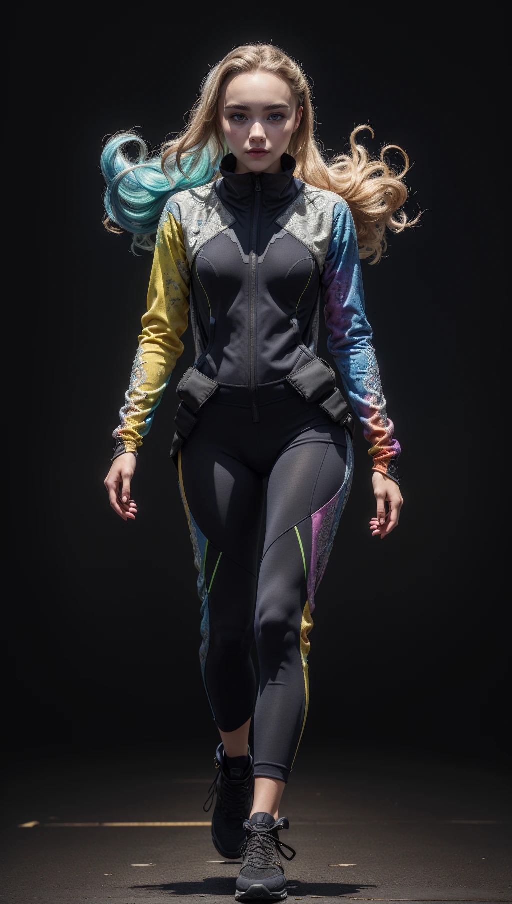 FlorencePugh,by Marc Samson,(multicolor, techwear fashion but extremely beautiful:1.4),(intricate details, masterpiece, best quality:1.4),in the style of Nicola Samori,DMT Art Style,bright colors,surreal visuals,swirling patterns,dark swirling background,DMT art style,perfect face,looking at viewer,walking,full shot,