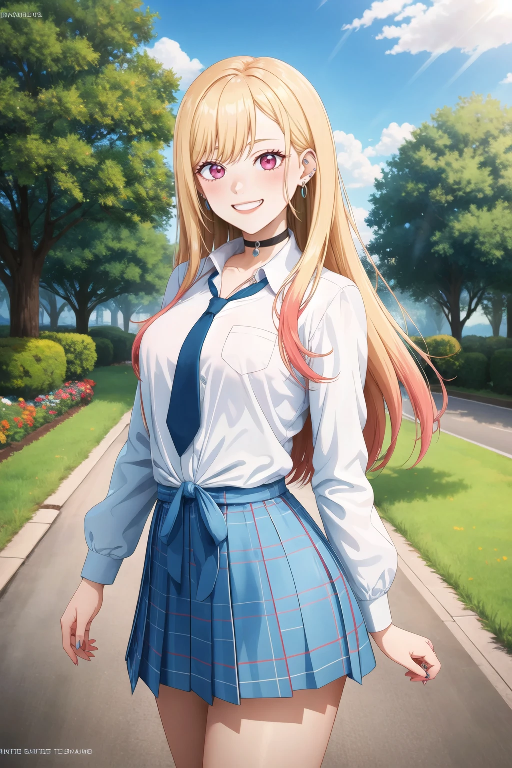 masterpiece, best quality, highres, kitagawa marin, 1girl, blonde hair, long hair, multicolored hair, red eyes, jewelry, earrings, piercing, school uniform, white shirt, tied shirt, black choker, blue necktie, plaid skirt, <lora:kitagawa_marin_v1-1:0.7>, grin, smile, standing, cowboy shot, outdoors, blue skirt<lora:neocoill-Styke_49360:1>