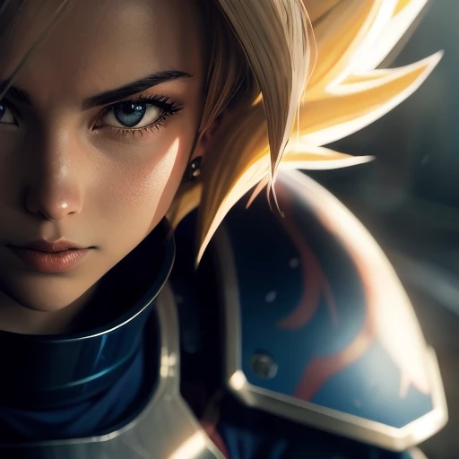 Photo of a girl,cinematic film still,super saiyan, full plate armor, ony fe 12-24mm f/2.8 gm, close up, 32k uhd, light navy and light amber, amazing quality, wallpaper, analog film grain <lora:score_6000steps:1.0>