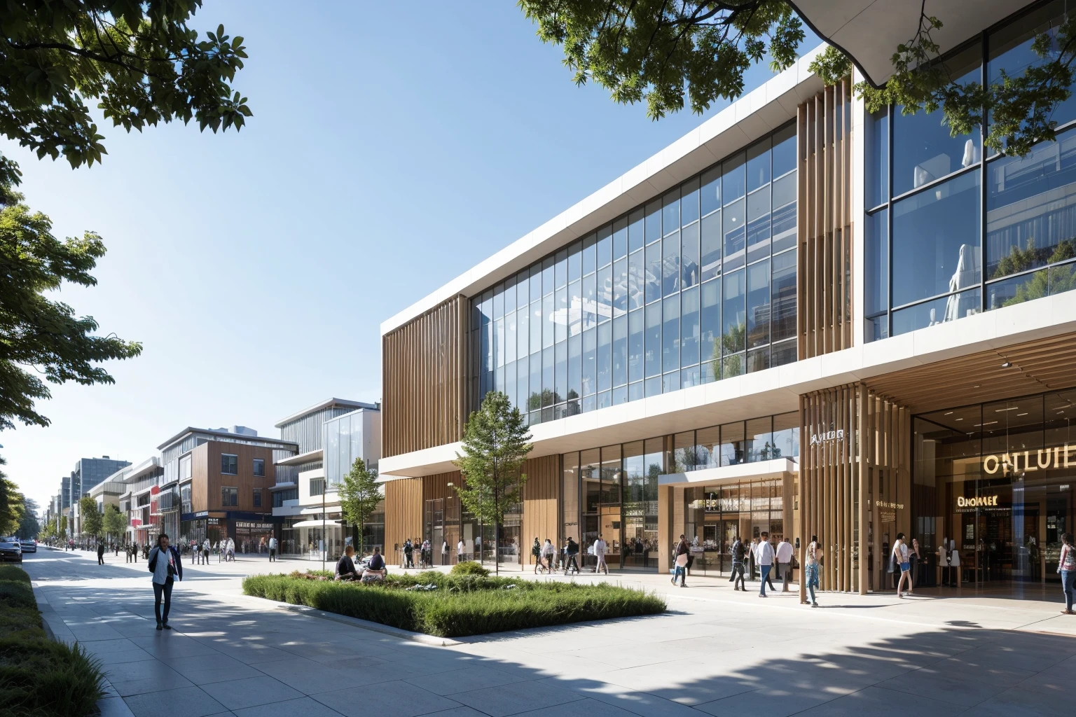 SYJZ,This is a picture of architectural design. There is a modern building in the picture. The exterior design of the building is composed of multiple curves,the color of the curves is white,and the material of the curves is metal. There are some shops under the building. The exterior design of the shops is glass,and the color of the shops is dark green. There are some trees around the building. The color of the trees is green. The background of the building is some tall buildings,and the color of the tall buildings is gray,watermark,