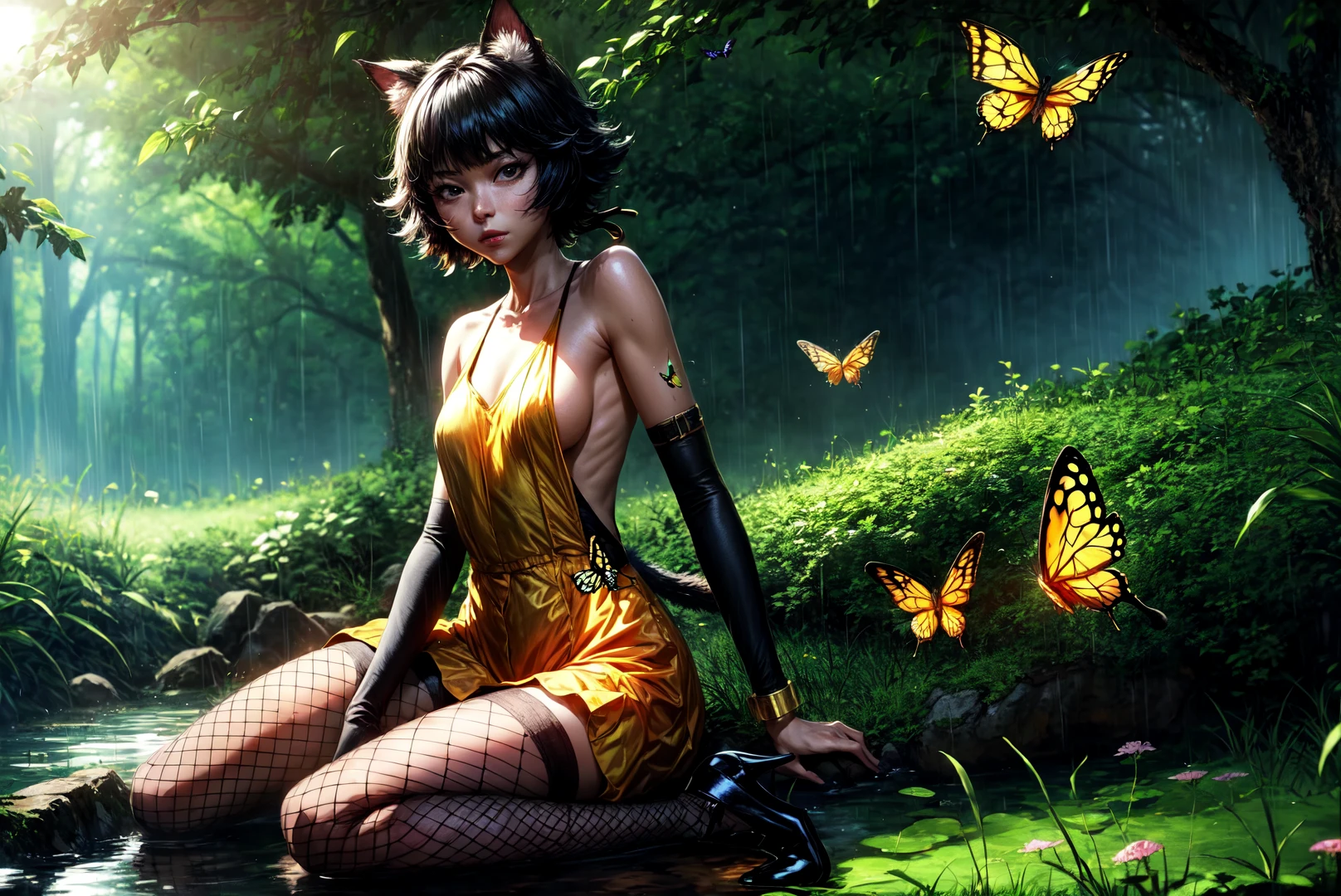 masterpiece, best quality, absurdres, 1girl, solo,
<lora:SoiData:1>,short hair,breasts,looking at viewer,black hair,bow,animal ears,bare shoulders,sitting,tail,ponytail,pantyhose,small breasts,cat ears,high heels,leotard,cat tail,wrist cuffs,sideboob,thigh strap,fake animal ears,moon,fishnets,halloween,jack-o'-lantern,fishnet pantyhose,pumpkin,bat (animal),
concept art, tree, forest, leaf, flower, grass, golden butterfly, (butterfly:1), holding, rainy day, (((lots of butterfly in the environment))), magical swamp environment, flowers,
<lora:GoodHands-beta2:1>, <lora:more_details:1>, <lora:JW:0.8>