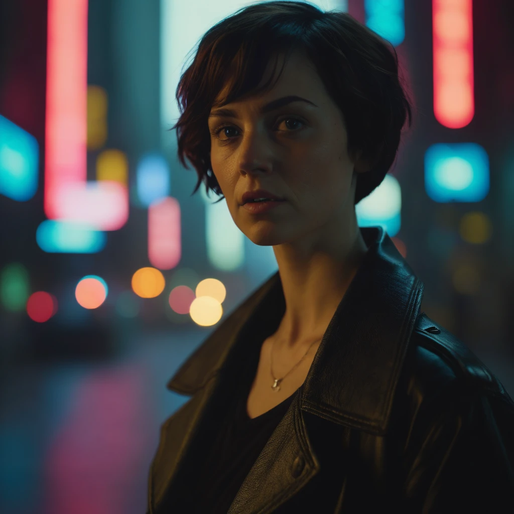 Cinematic film still of Maggie,
a 25 year old detective
with short hair
in a cyberpunk city