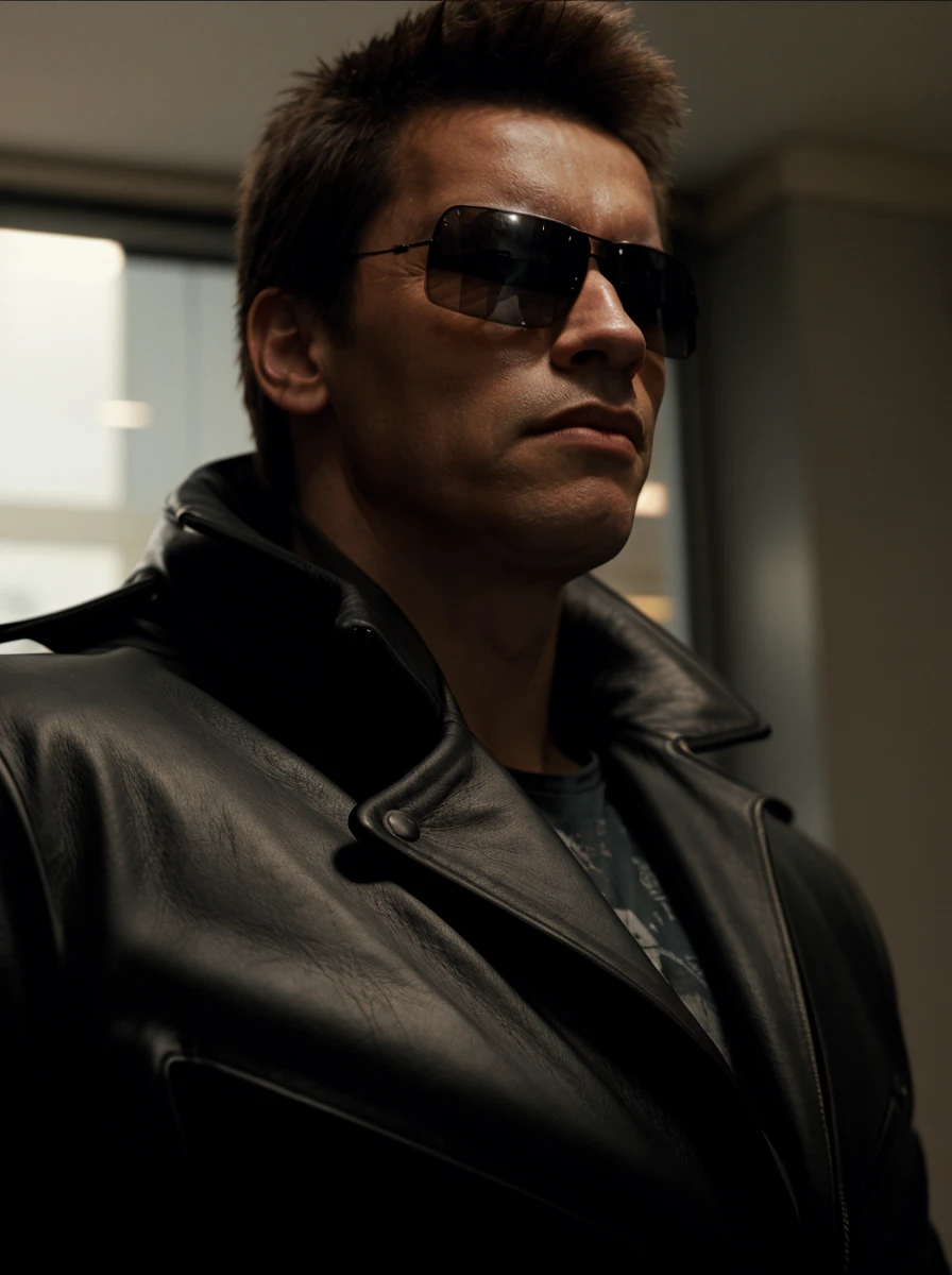 trm,2st hair,black leather jacket,sunglassess,(close-up),cargo pants,volumetric lighting,masterpiece,fog,cinematic,add_detail