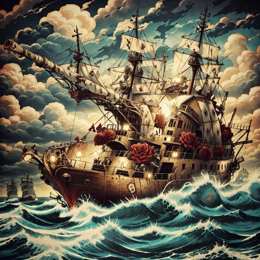 GratefulAI skeleton battle tank in stormy sea, high tide, red roses, crashing waves, ship of fools, bright and colorful, psychedelic <lora:GratefulAI:.8>