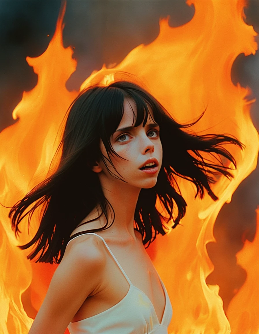 an unfiltered film still by conrad roset of a lady looking like eleaxl6 dancing engulfed by flames