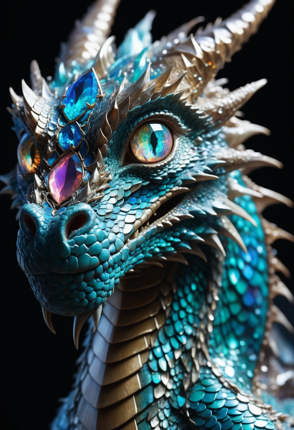A beautiful portrait photograph of a dragon with diamond and gemstone scales, opal eyes, cinematic, gem, diamond, crystal, fantasy art, hyperdetailed photograph, shiny scales, 8k resolution