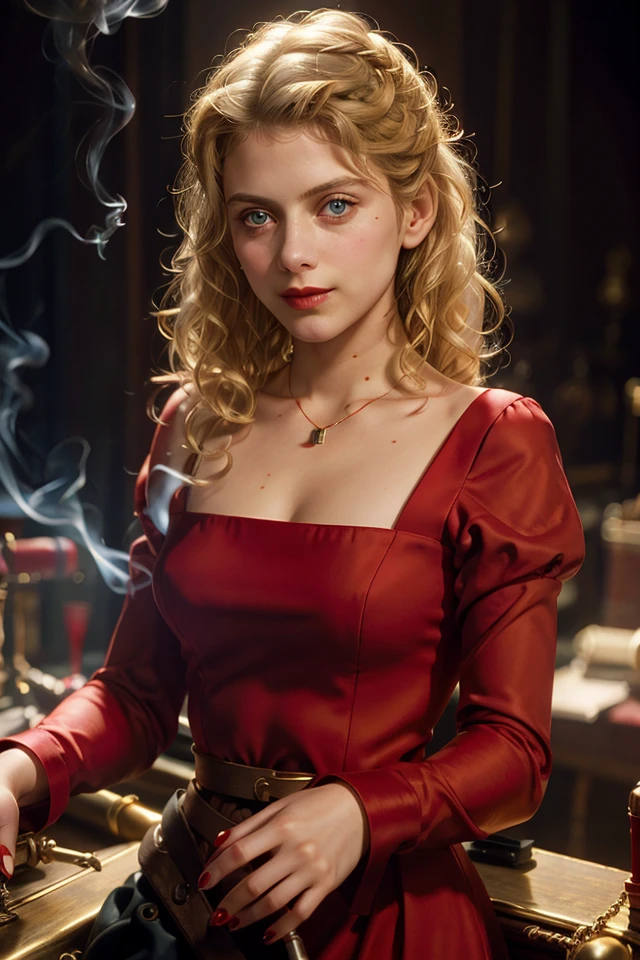Shosanna Dreyfus,  solo, 1 girl, blonde hair,(red square neck dress:1.2), red dress, red lips, red nails, blue eyes, jewelry, lips, realistic, breasts, curly hair, collarbone, long sleeves, looking at viewer, makeup, necklace, portrait, Shoulder-length hair, smile, smoke, smoking, (red square neck dress:1.2), Inglourious Basterds, black veil,