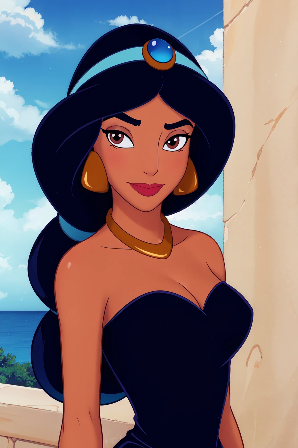 1girl, jasmine \(disney\), looking at viewer, lips, smirk, dark-skinned female, standing, contrapposto, (upper body:1.1), black hair, very long hair, brown eyes, eyeliner, blush, nsfw, solo, jewelry, dress, (black dress:1.1), (center opening:1.1), absolute cleavage, short dress, medium breasts, cleavage, skindentation, revealing clothes, wide hips, bracelet, necklace <lora:Jasmine:0.8> <lora:Function_Skin.Tone.Slider:0.8> BREAK
outdoors, day, sky, cloud, blue sky, cloudy sky