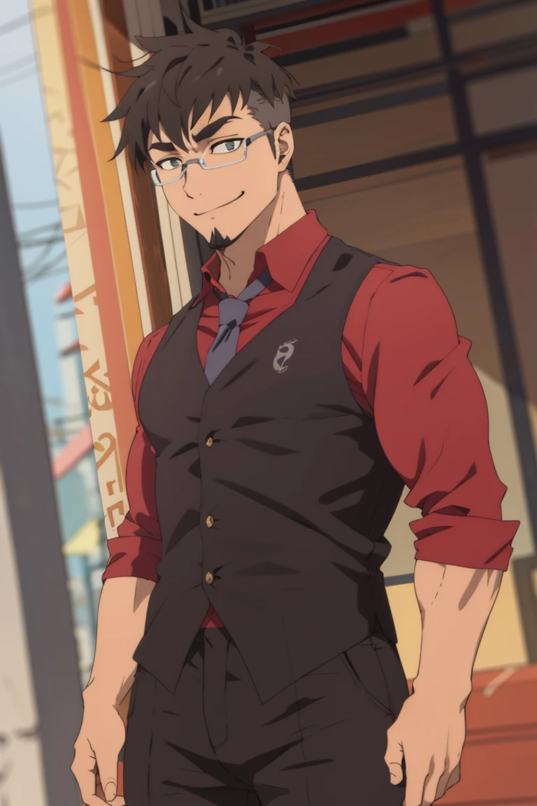 (1 image only), solo male, Jay Chiang, Great Pretender Razbliuto, Asian, Taiwanese, modern Taipei city, 2d, anime, flat, black hair, short hair, high fade, goatee, thick eyebrows, brown eyes, silver glasses, (pure red collared shirt, red sleeves rolled up:1.2), silver necktie, black vest,pants, socks, leather shoes, smile, mature, handsome, charming, alluring, standing, upper body, perfect anatomy, perfect proportions, (best quality, masterpiece), (perfect eyes:1.2), perfect hands, high_resolution, dutch angle, cowboy shot,<lora:EMS-303013-EMS:0.900000>