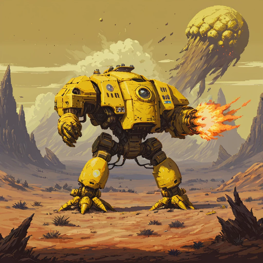 a four meter tall yellow drdnght machine with rocket launcher and flamethrower walks across an alien battlefield searching for enemies, rockets streak across the sky and explode into the landscape,