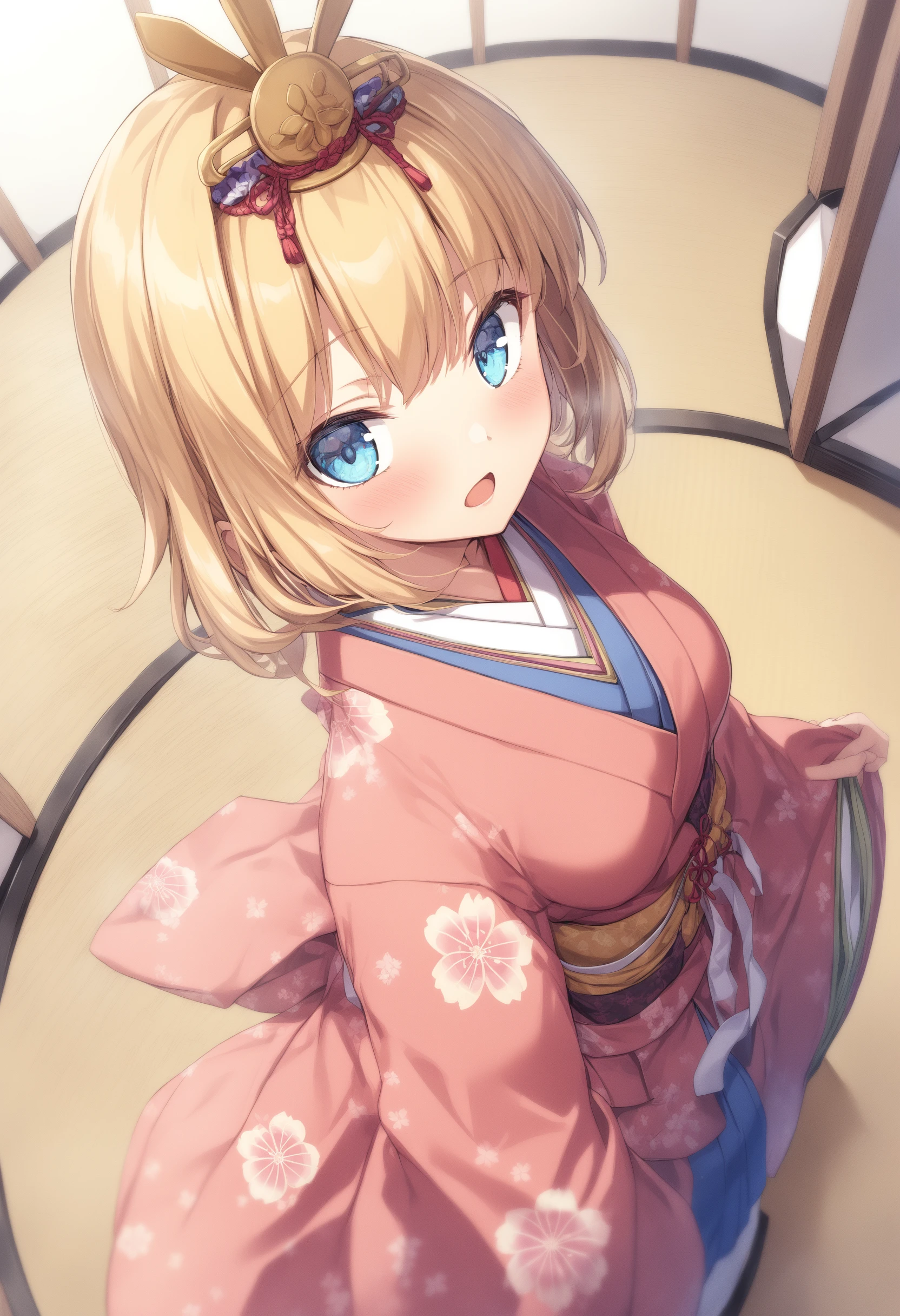 1girl, <lora:sdxl-flat:-1>,medium breasts,blonde hair, blue eyes,
<lora:ohinasamaXLv1:0.9>,ohinasama,japanese clothes,
from above, fisheye lens, looking to the side, disdain, open mouth,
best quality,medium quality,