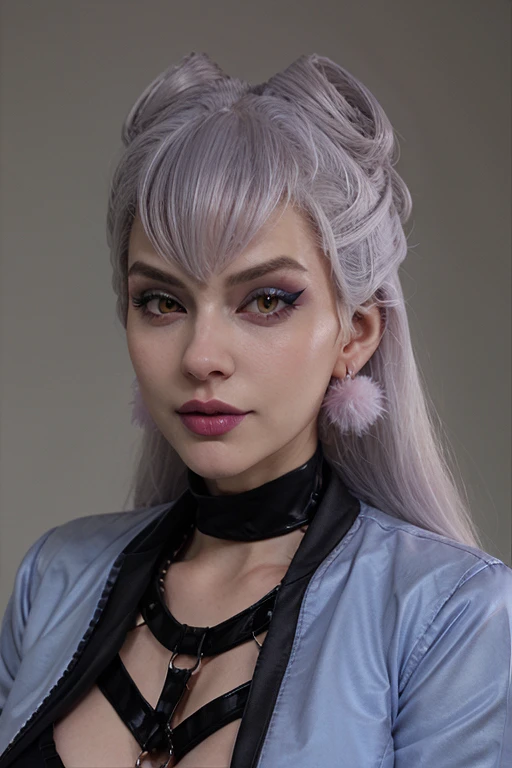 1girl, evelol, white hair, earings, wearing (kda attire), cropped (blue jacket), bdsm, bra, headshot, breasts,