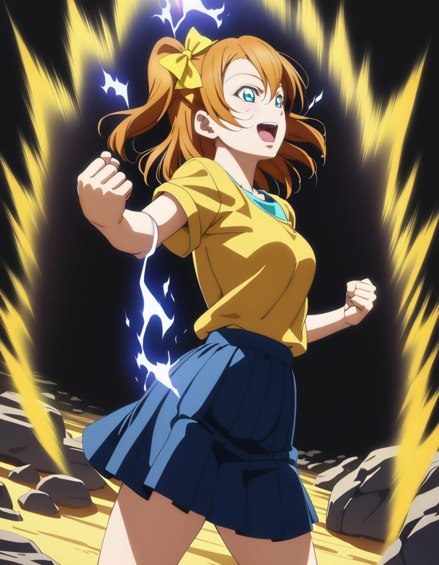 1girl,
kousaka honoka, love live!
casual wear,skirt,
smile,open mouth,
<lora:supersaiyanauraXL3:1.1>,supersaiyanaura,(yellow aura:1.5),(aura:1.5),(energy:1.1),
fighting stance,
rocky area,
masterpiece, best quality, ultra detailed, highres,4k,(ultra-detailed:1.4) (illustration:0.5), (ray tracing,:0.8),(anime colored:0.7),(ai-generated:0.2),