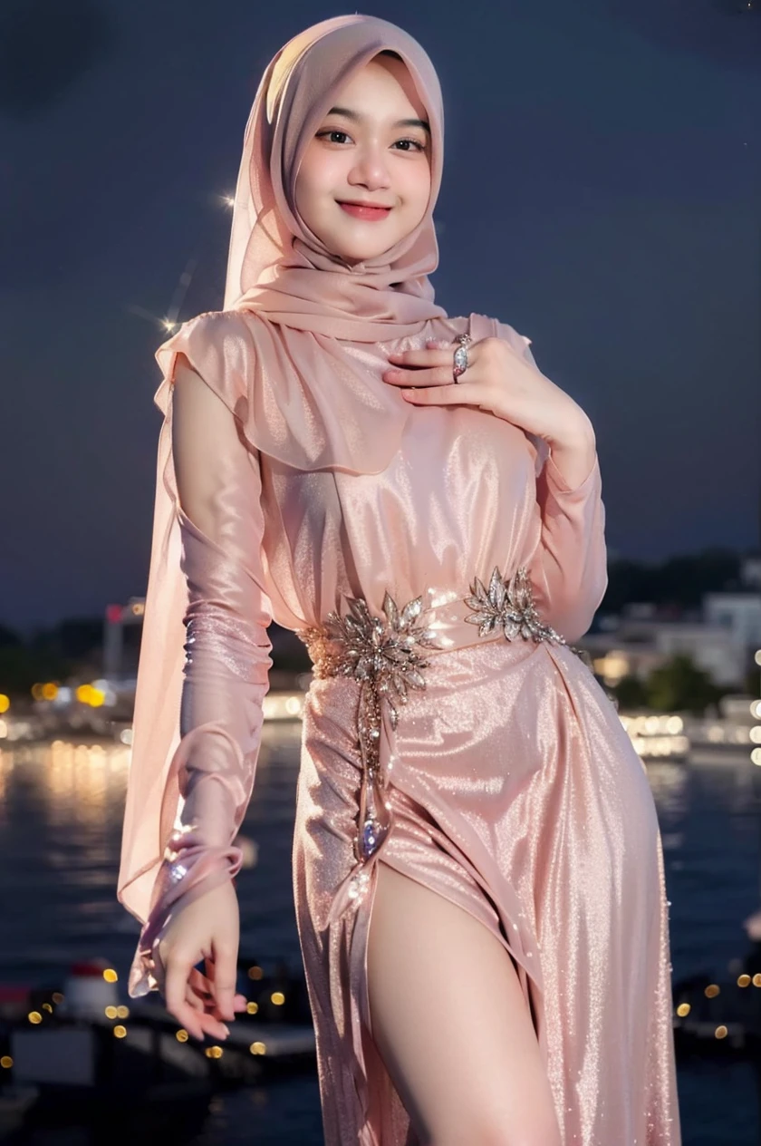1girl,(wearing glittery evening dress:1.2),(RAW photo, best quality), (realistic, photo-realistic:1.4), masterpiece, an extremely delicate and beautiful, extremely detailed, 2k wallpaper, Amazing, finely detail, extremely detailed CG unity 8k wallpaper, ultra-detailed, highres, soft light, beautiful detailed girl, extremely detailed eyes and face, beautiful detailed nose, beautiful detailed eyes,cinematic lighting,city lights at night,perfect anatomy,slender body,smile,big breasts (((beauty girl wearing hijab))), ultra detailed face and eyes, 24 years old girl, looking at viewer, smiling, cute, (8k, RAW photo, best quality, masterpiece:1.2), ultra-detailed, physically-based rendering, low lighting, hyper detailed texture of face, raw photo, dynamic pose, hyper detailed skin texture, random dress color, extreme realistic, <lora:Evos_Una_-_Instagram_Celebrity:1:lbw=1,0,1,0,0,0,0,0,0,1,1,1,1,1,1,1,1>