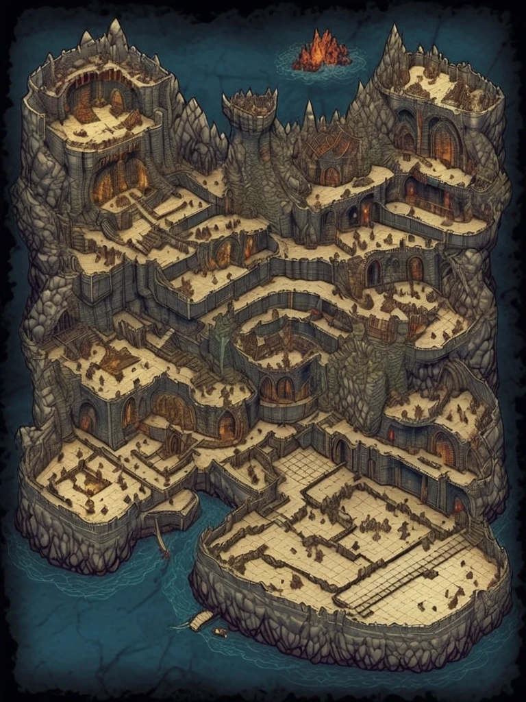 a dungeon map for an adventure titled "Lair of the Dragon", d&d, fantasy, isometric battle map, csu, traditional media, diagram