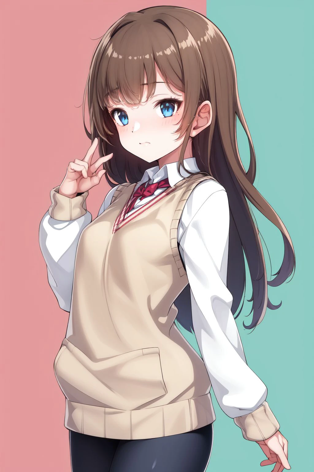 solo, 1girl, whiskers, oseledets, brown hair, dark blue eyes, light brown sweater vest, strawberry background, cowboy shot <lora:konnyaku_(kk-monmon)_style_v01:1>