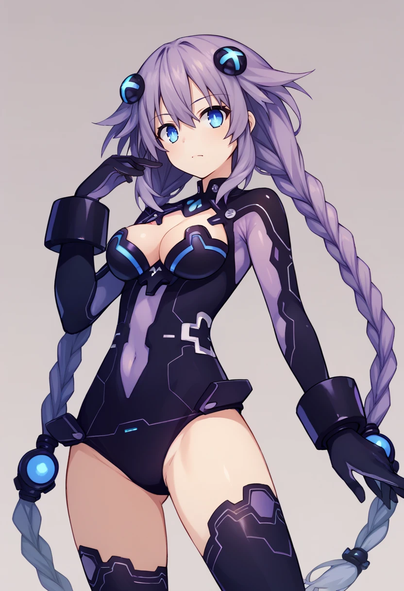 score_9, score_8_up, score_7_up, source_anime BREAK 1girl, solo, <lora:purpleheart-hdn-richy-v1_pdxl:1> prplhrtdef, twin braids, hair ornament, leotard, cleavage cutout, thighhighs, gloves