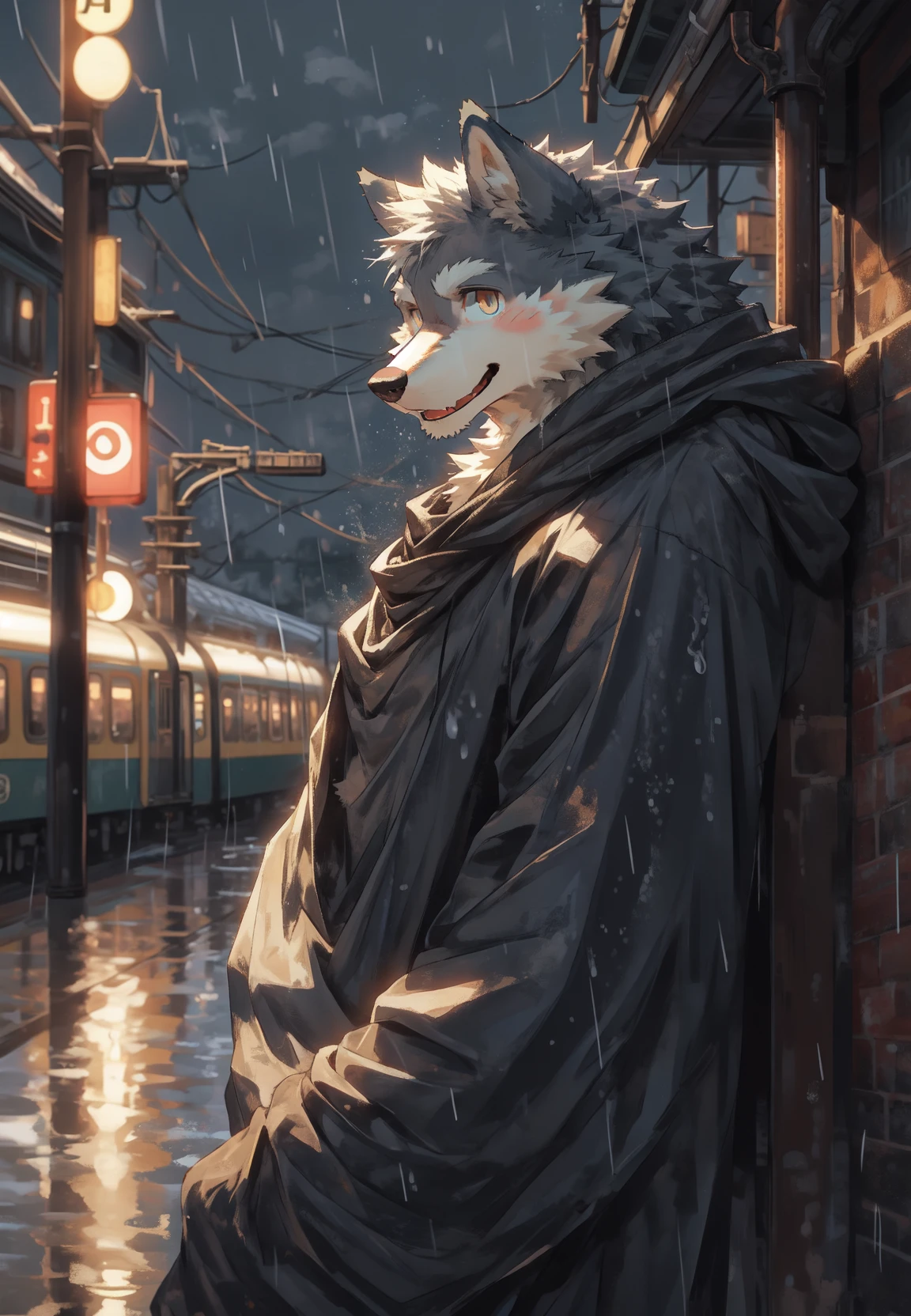masterpiece, best quality, perfect anatomy, bright eyes, watery eyes, kemono, furry, wolf, (felis:0.25), male, solo, baggy clothing, (open smile:1.1), gentle, looking at viewer, train station, rain, (waterdrop:0.9), grey sky, raining, (fog:0.4), detailed eyes