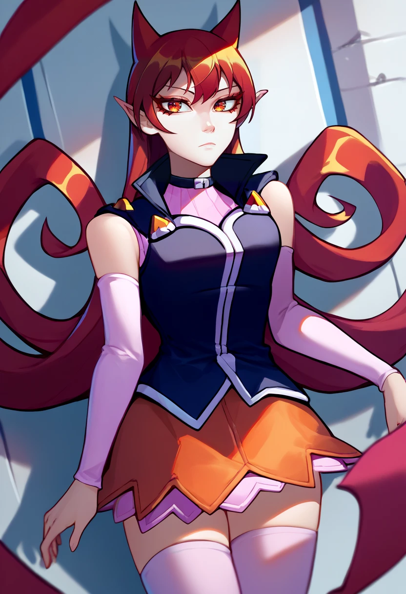 score_9, score_8_up, score_7_up, source_anime, solo, 1girl, azazel ameri, expressionless, looking at viewer, hair horns, sleeveless shirt, detached sleeves, skirt, thighhighs, <lora:style_qt0ri_ponyXL-000011:1> <lora:iruma-kun_azazel_ponyXL:1>