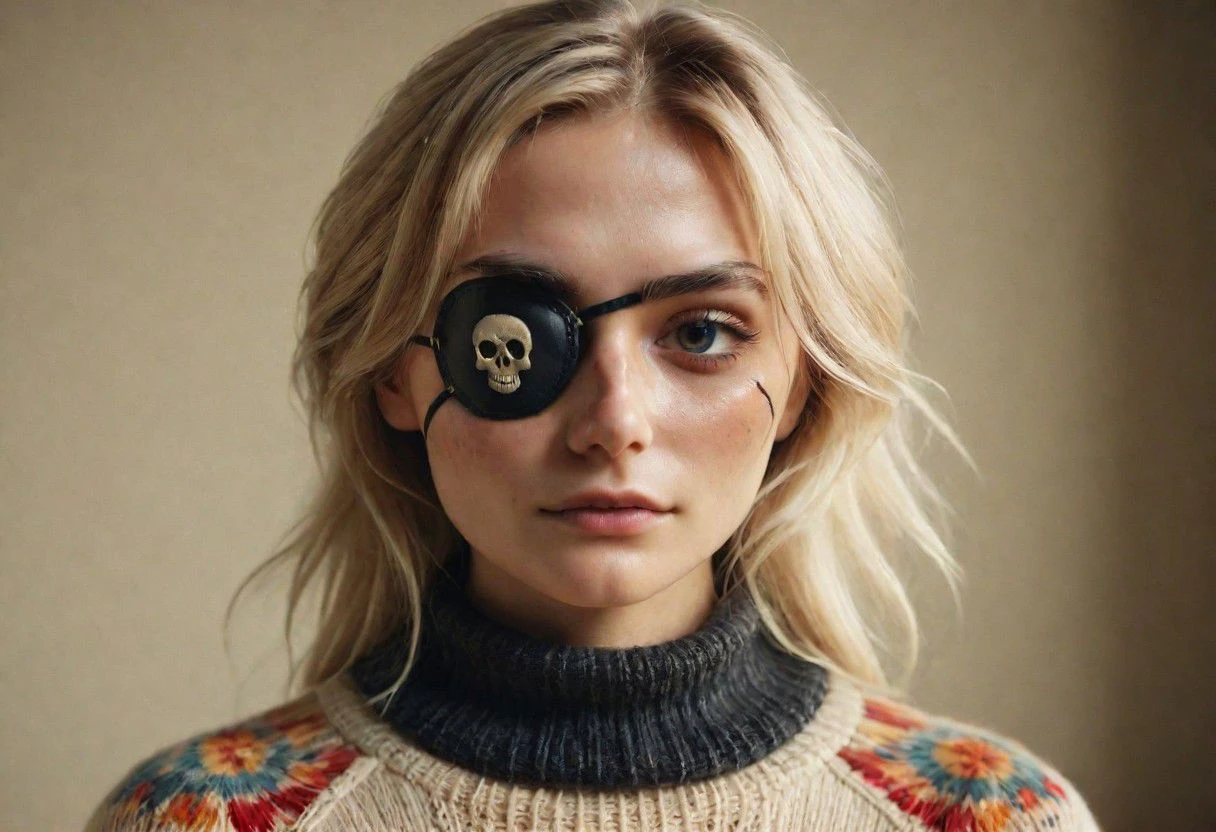 freckled blonde woman with leather eye-patch with colorful skull print on it, pureerosface_v1, light Smile, high collar chunky knitted sweater,
,very detailed, raw photo, photorealistic, high detailed texture, 8k uhd, dslr, soft lighting, high quality, film grain, Fujifilm XT3, highly detailed photography, atmospheric haze, Film grain, cinematic film still, shallow depth of field, highly detailed, high budget, cinemascope, moody, epic, OverallDetail, gorgeous, 2000s vintage RAW photo, photorealistic, candid camera, color graded cinematic, eye catchlights, atmospheric lighting, skin pores, imperfections, natural, shallow dof